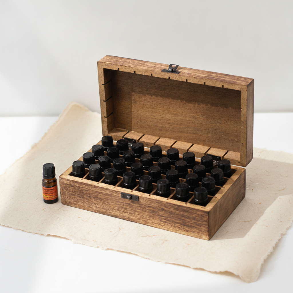 Carved mango wood box open to show the grid of 32 bottle compartments - view 4