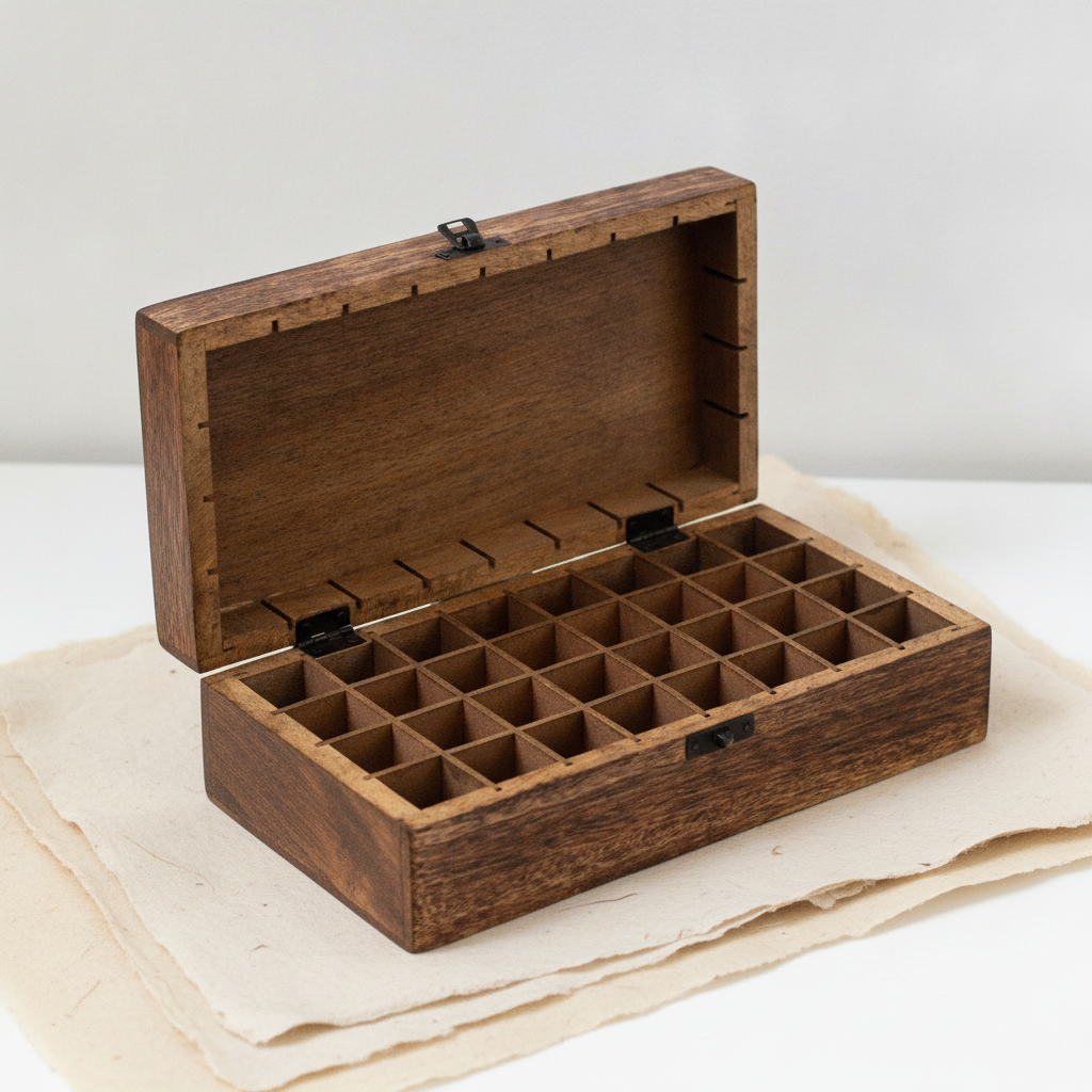 Carved mango wood box open to show the grid of 32 bottle compartments - view 6