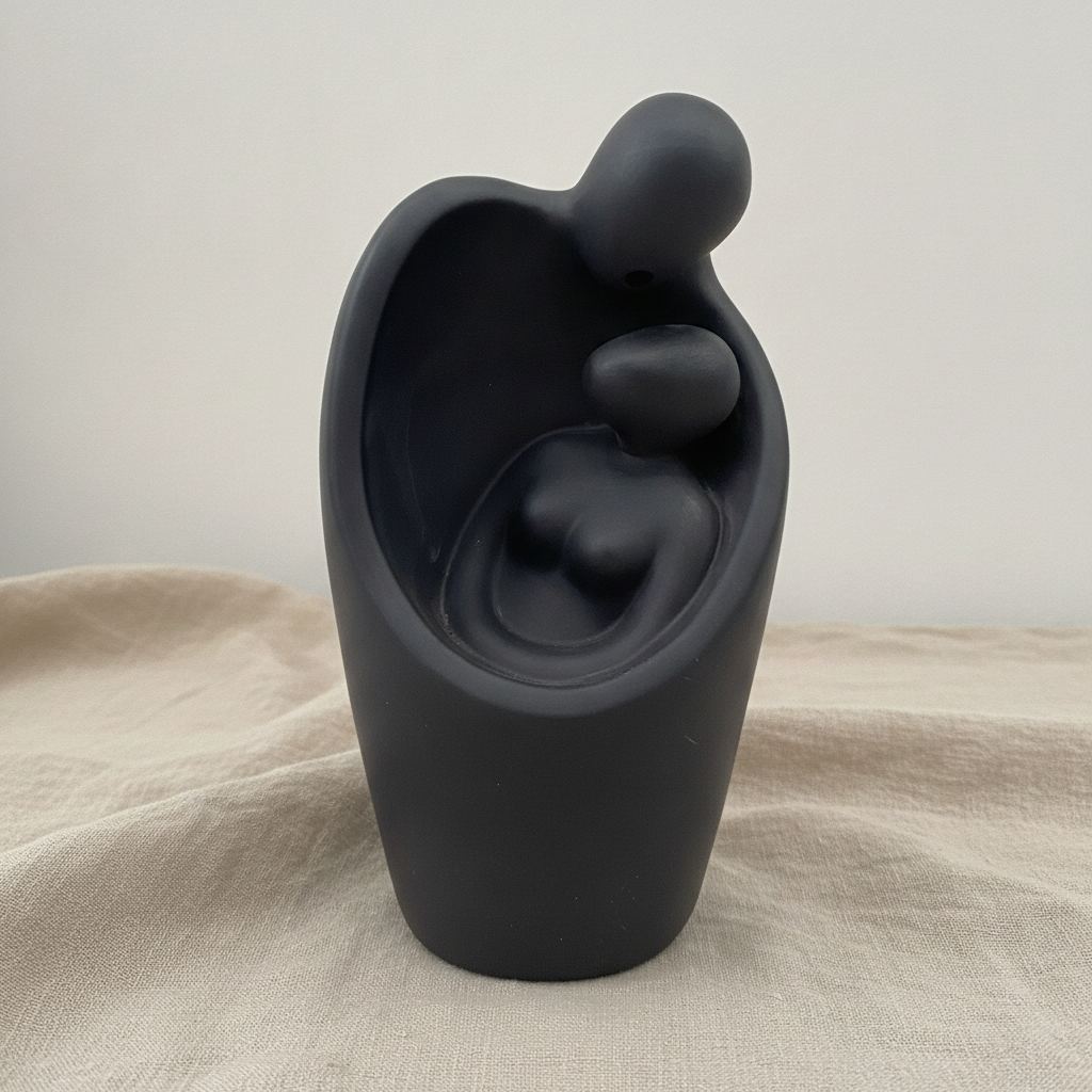 Matte black backflow burner shaped as two figures embracing, on rumpled linen - view 5