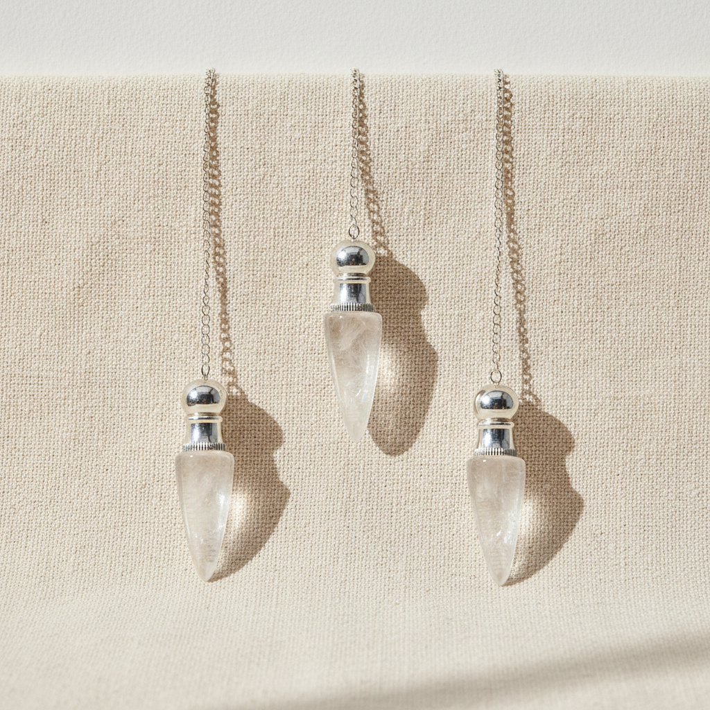Three clear quartz pendulums with silver caps hanging from fine chains - view 3