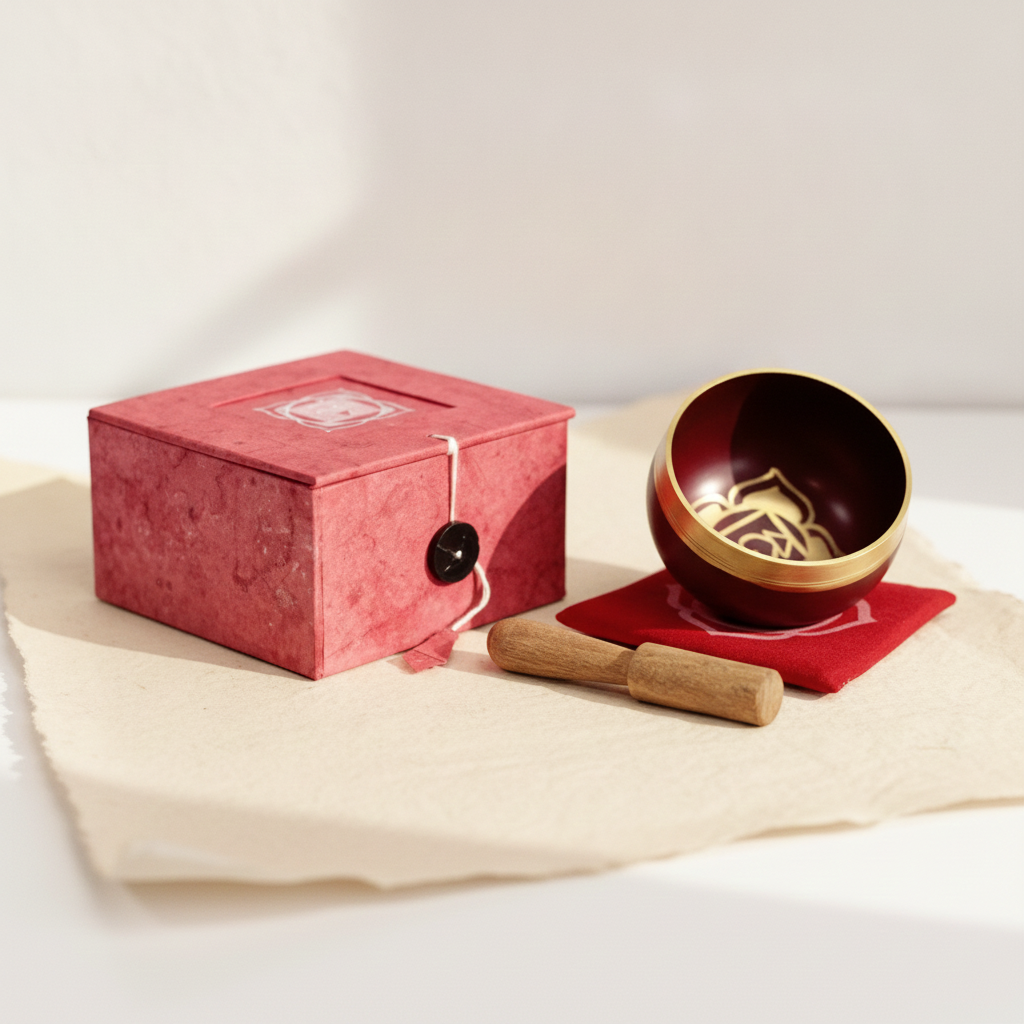 Red chakra singing bowl with its striker, cushion and box, on cotton-rag paper - view 5