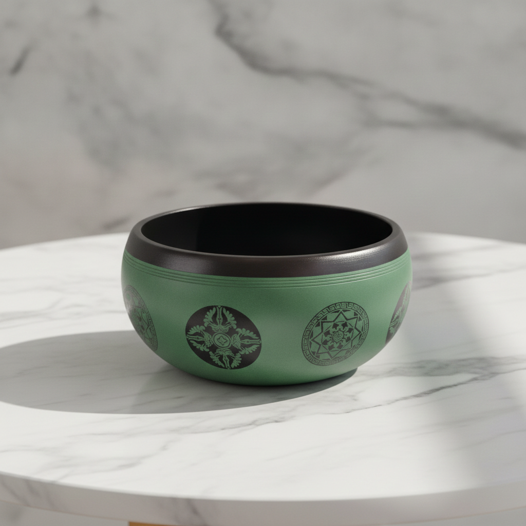 Tibetan singing bowl with Mandala Buddha design on a marble table