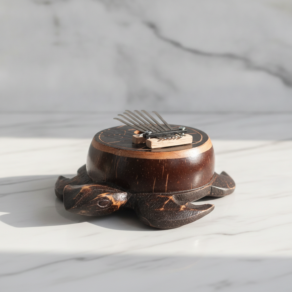 Coconut shell turtle kalimba on a marble table