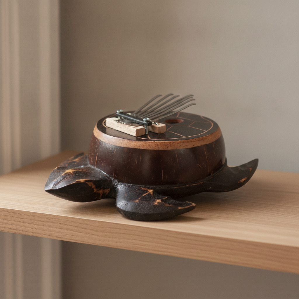 Coconut shell turtle kalimba on a pale oak shelf