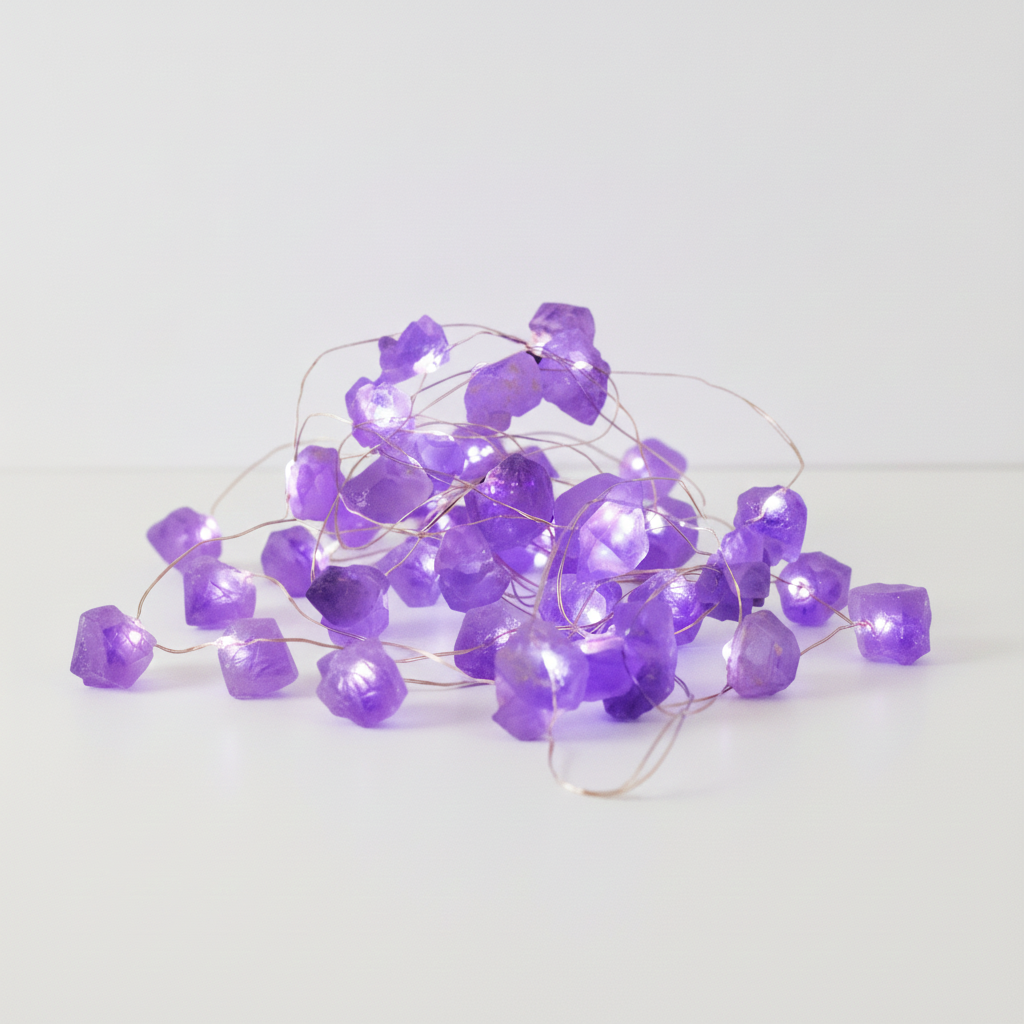 Amethyst crystal fairy lights coiled on a white surface, stones lit
