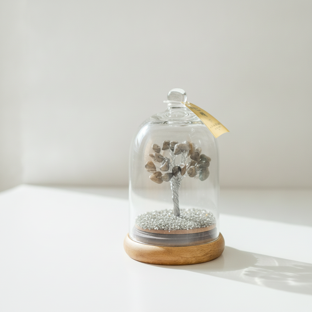 Pyrite dome tree with wooden base, white background