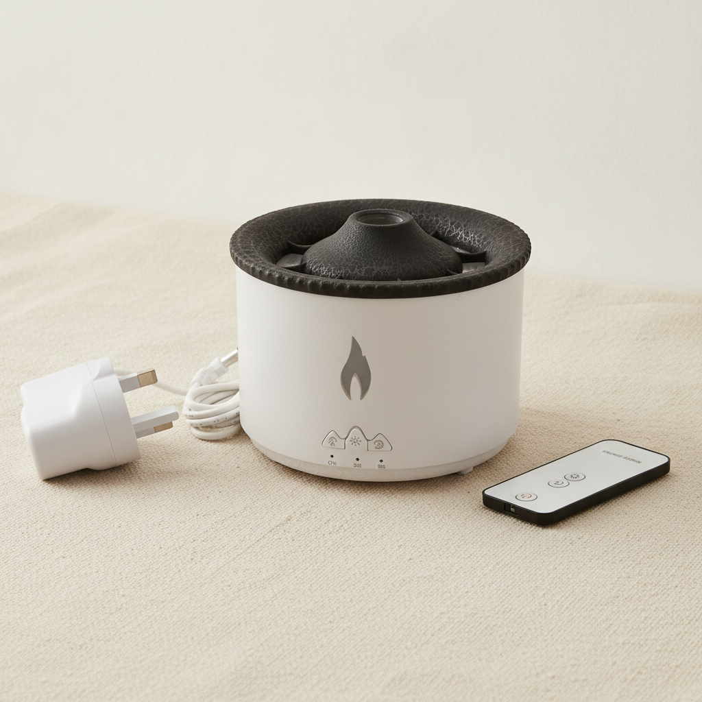 White volcano flame aroma diffuser with a textured dark lid, on cotton canvas - view 7