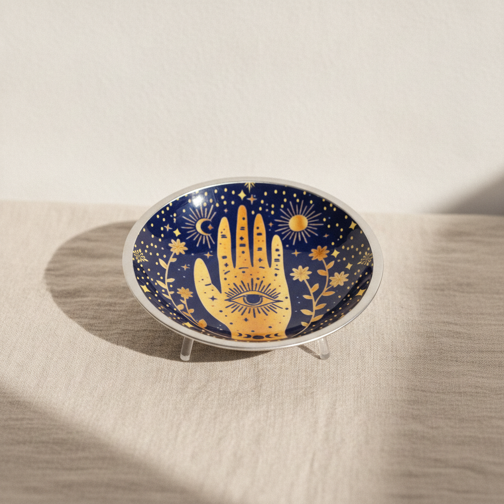 Midnight blue enamelled dish with a golden hamsa hand, standing on three legs - view 6