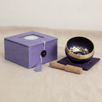 Brass and black singing bowl with striker, purple cushion and lilac box - view 3