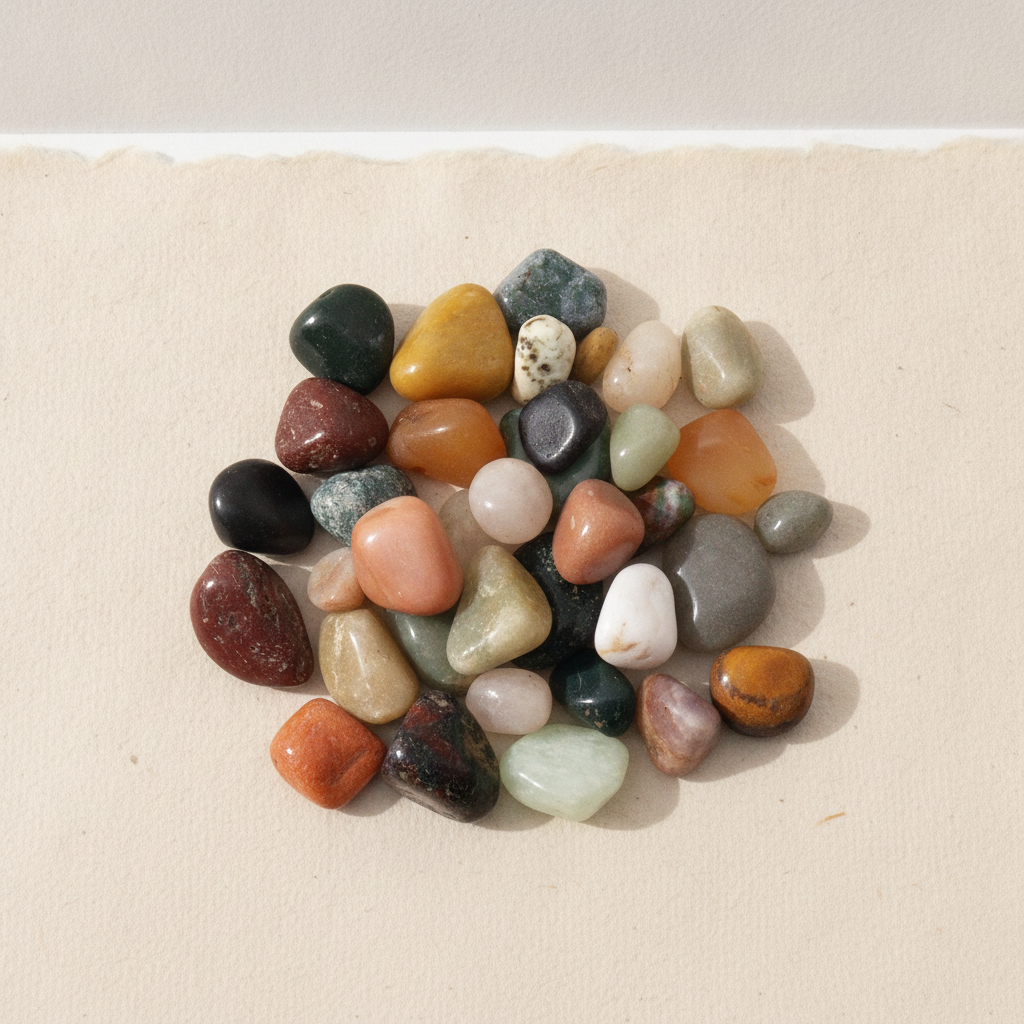 A pile of mixed tumbled gemstones in greens, reds and creams on cotton-rag paper - view 8