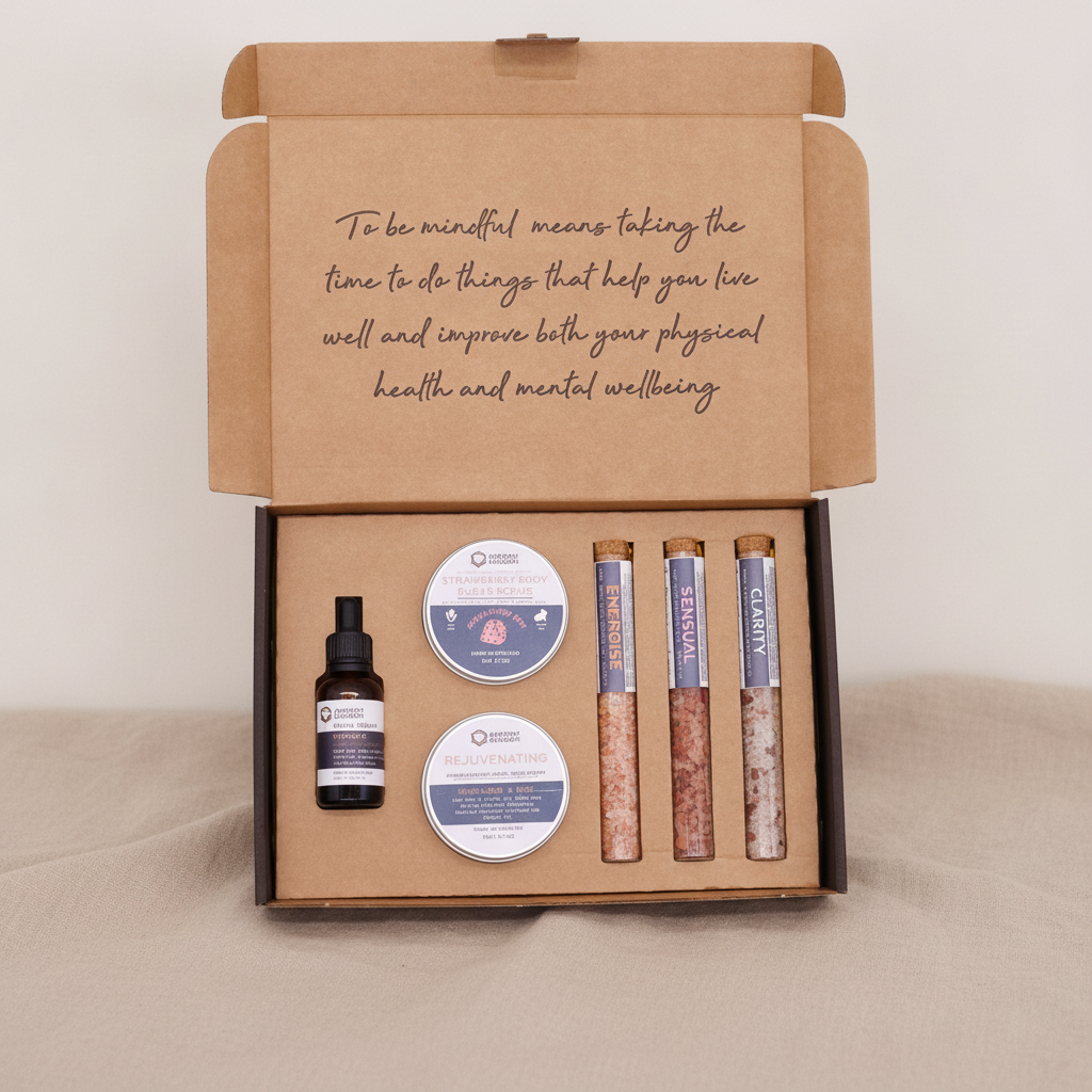 Dark self-care kit box lying flat and closed on rumpled linen - view 3