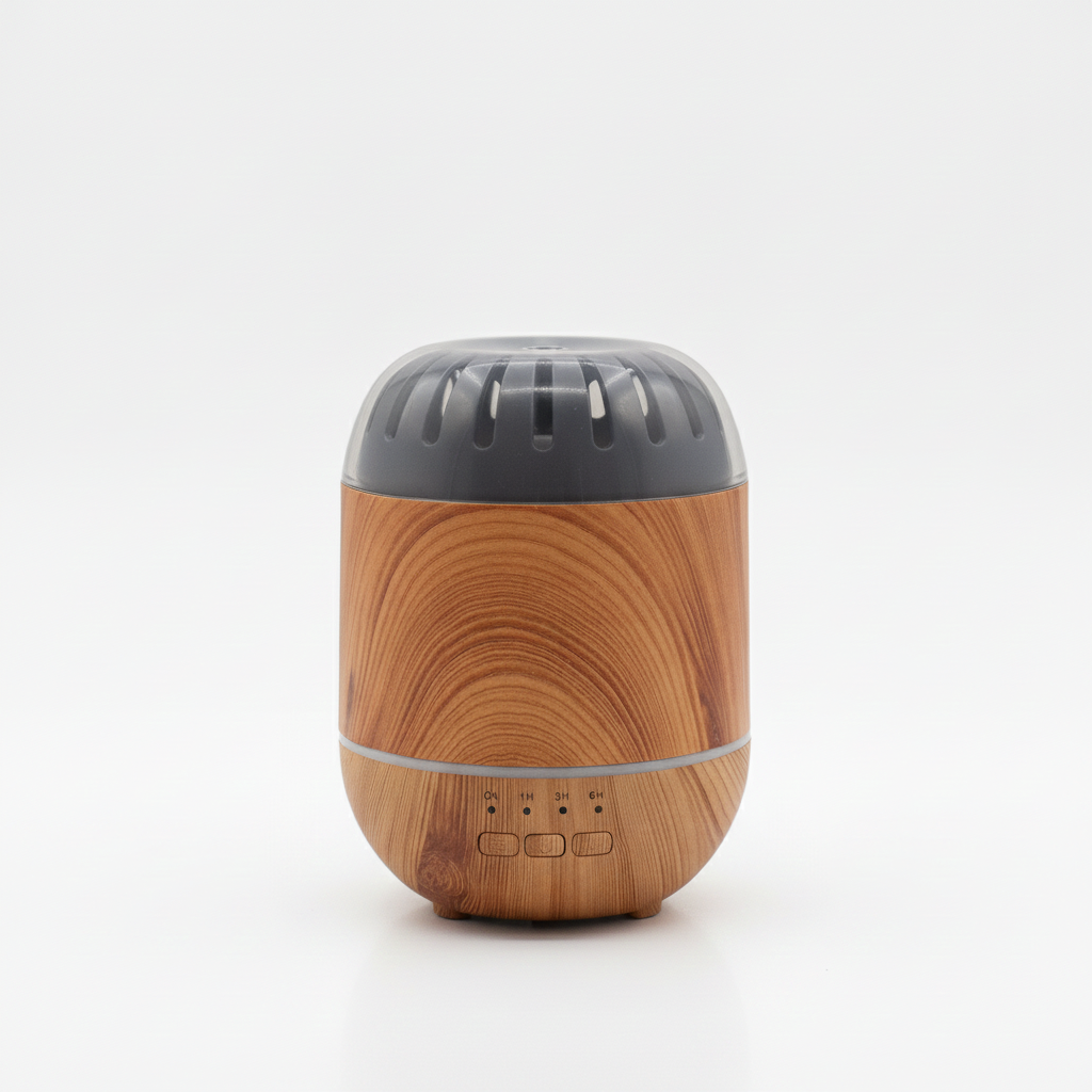 Wood effect ultrasonic essential oil diffuser on a white surface