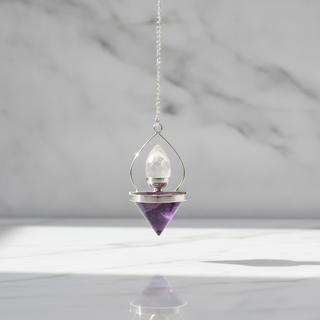 Amethyst dowsing pendulum hanging above a marble table