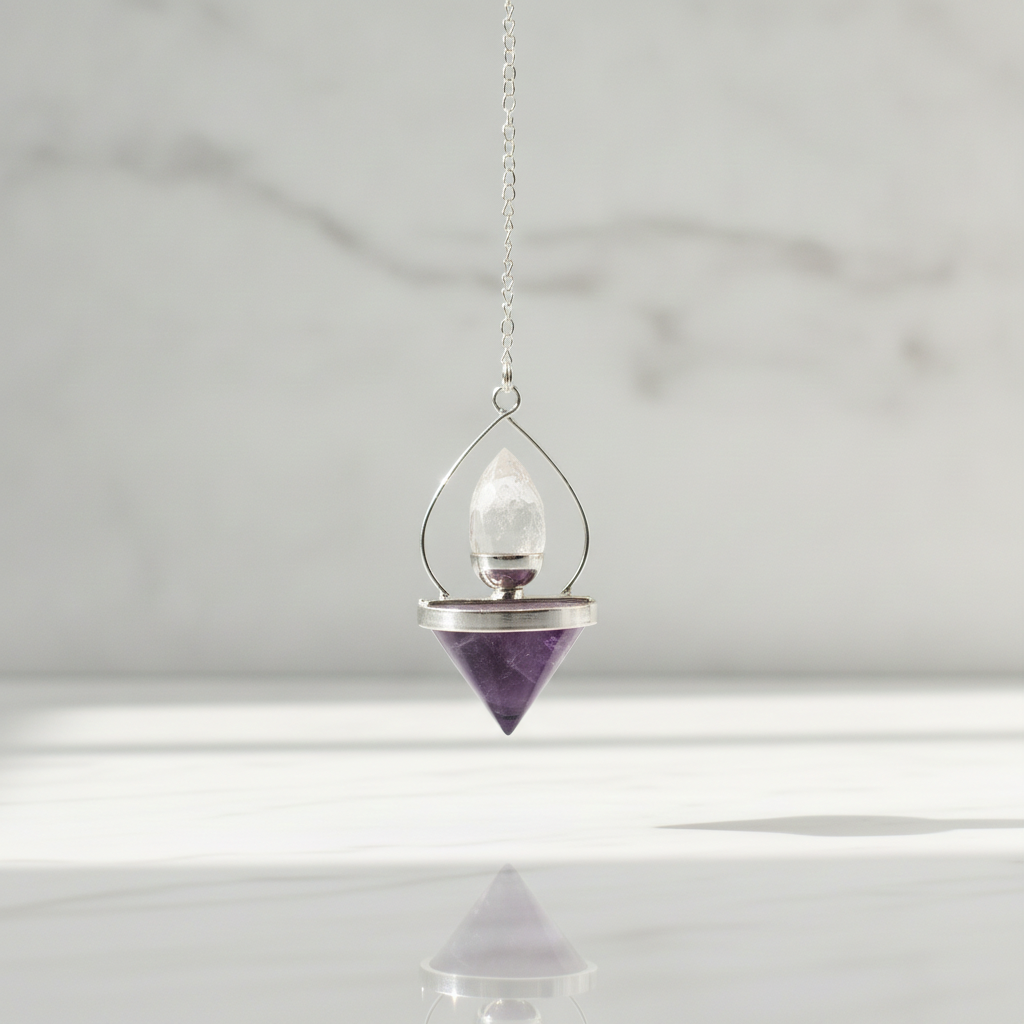 Lantern of Life amethyst pendulum hanging in daylight