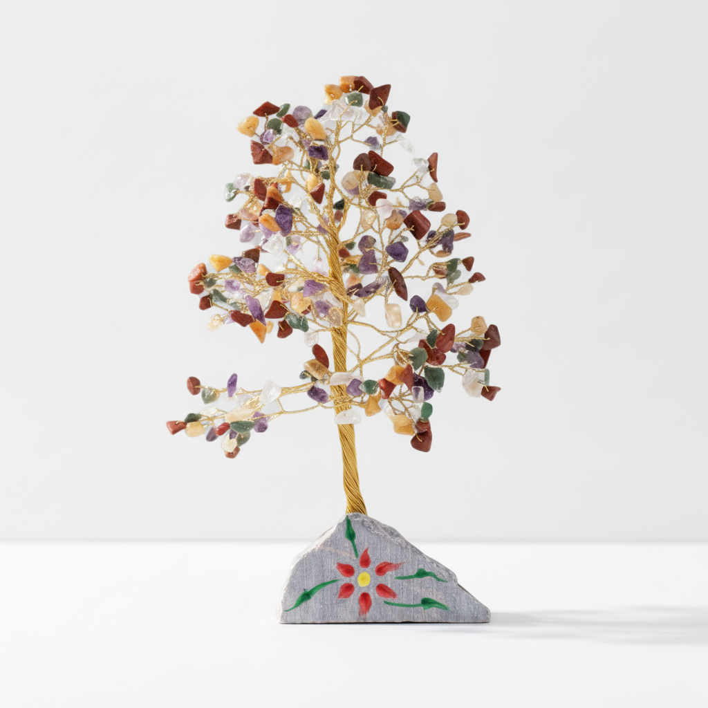 Large multi gemstone crystal tree on a white surface