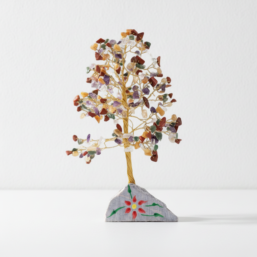 Gemstone tree with painted stone base against a white wall