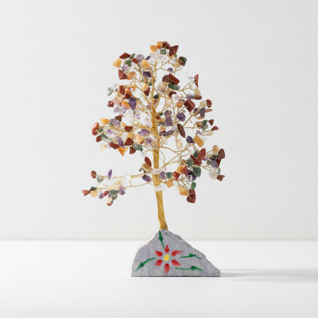 Multi gemstone chip tree, full height, white background