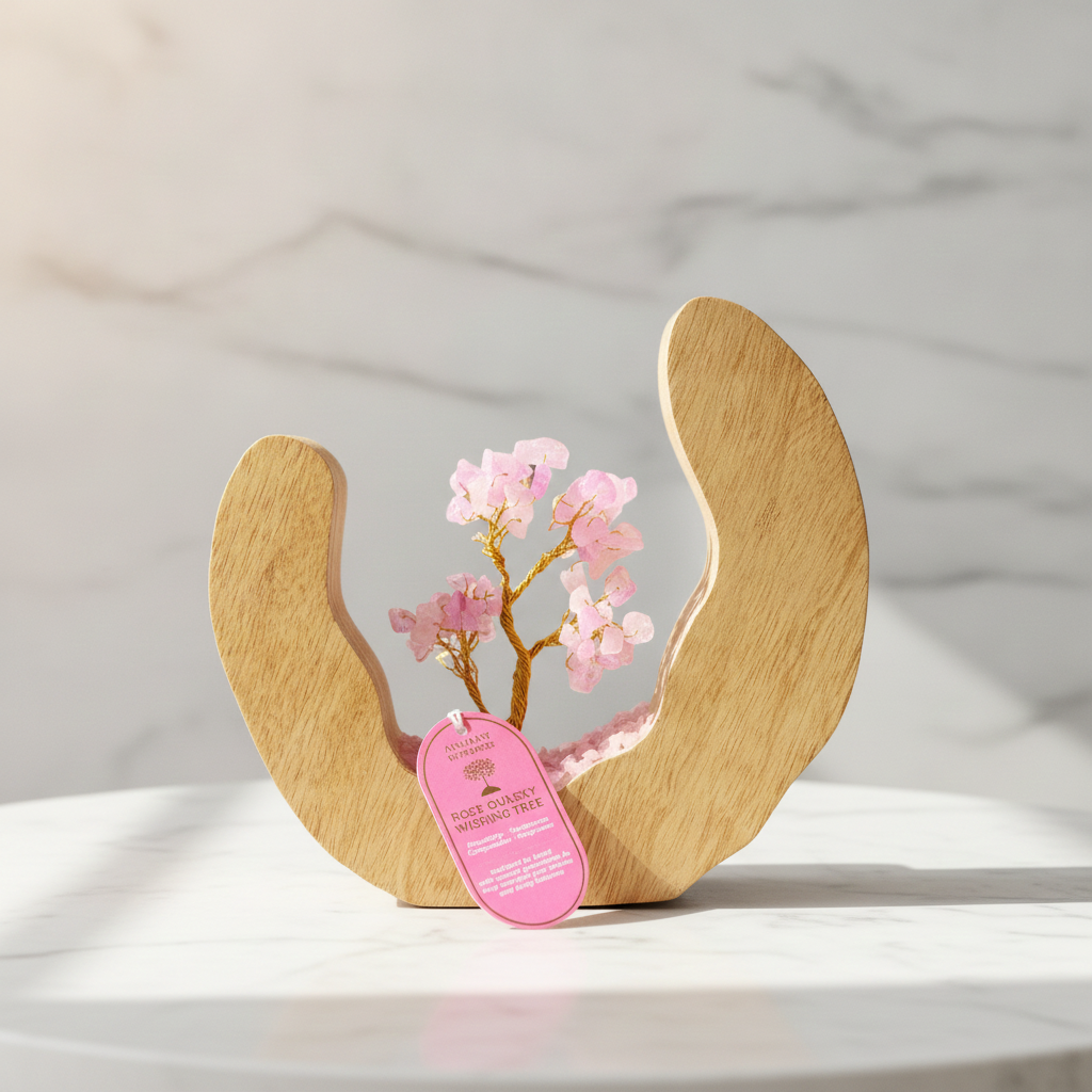 Rose quartz tree in a mango wood ring on a marble table
