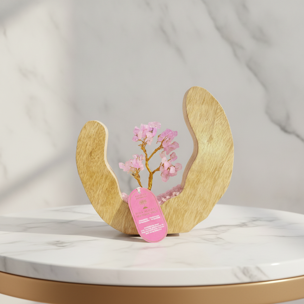 Rose quartz gemstone tree framed by its wooden ring, marble background