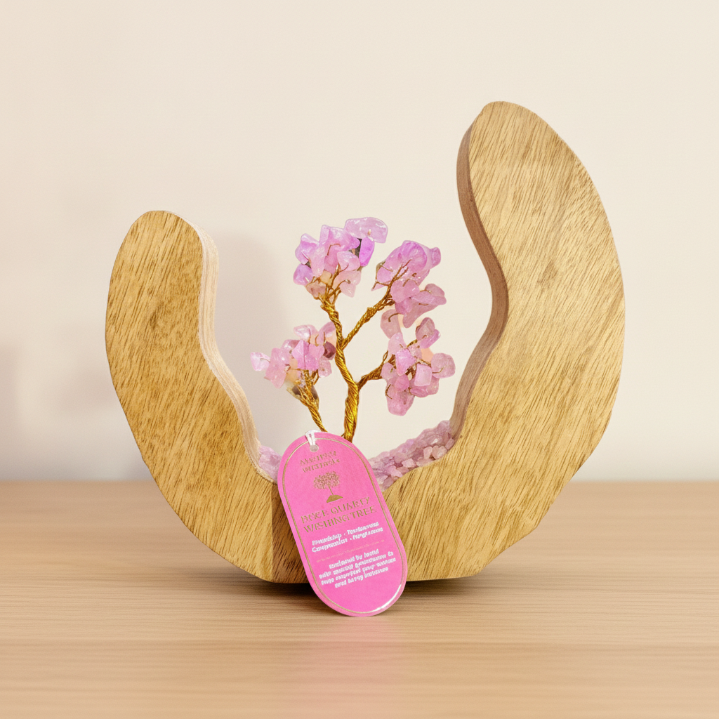 Rose quartz tree in its mango wood ring on an oak dressing table