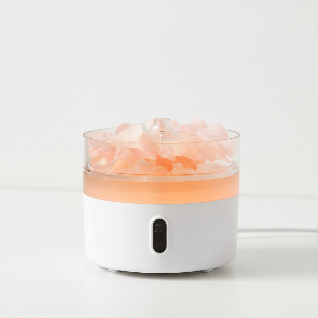 Salt lamp diffuser with glowing salt chamber, white background