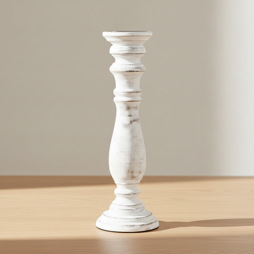 Whitewash mango wood pillar candle holder on a pale oak table
