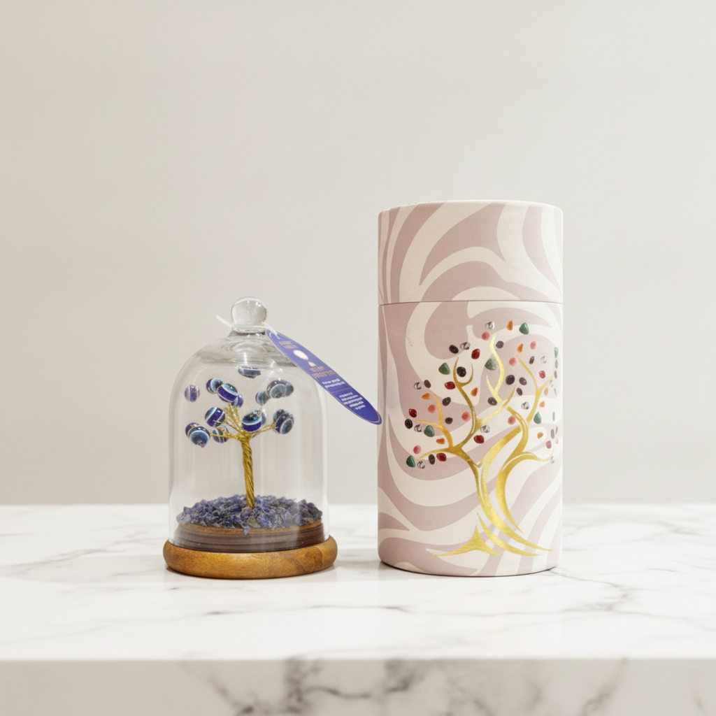 Lapis lazuli evil eye tree in a glass dome on a marble worktop