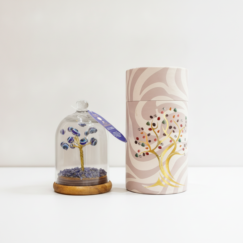 Lapis lazuli evil eye tree in a glass dome on a white surface