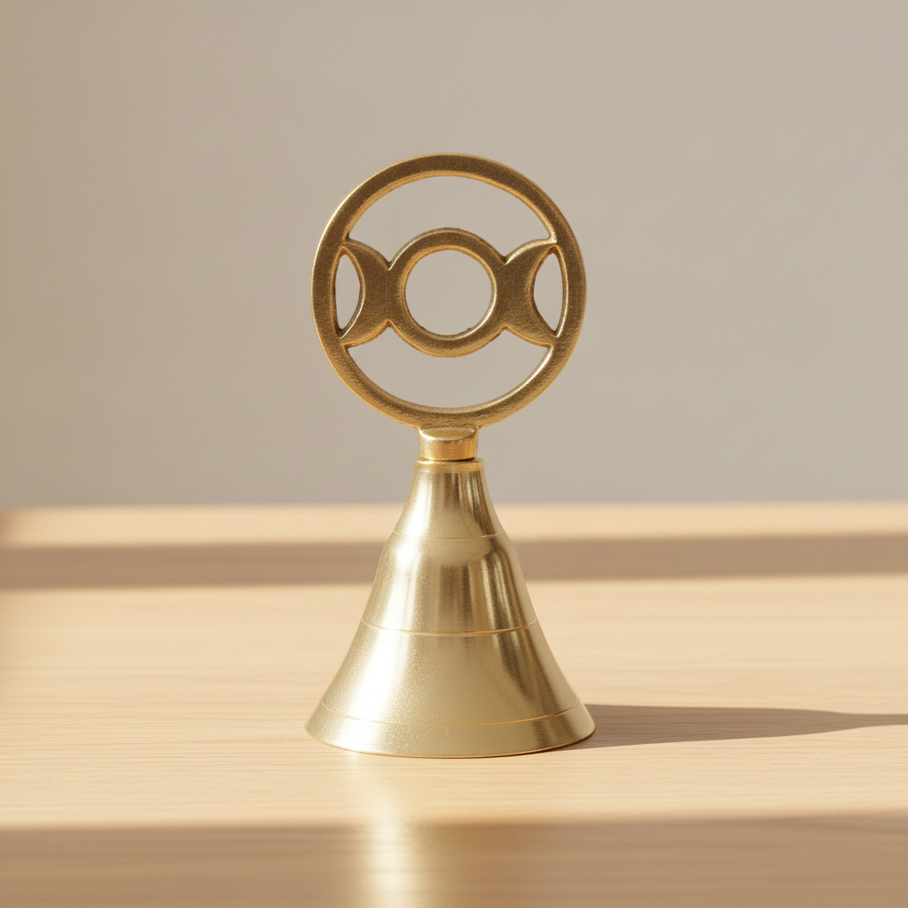Triple moon brass altar bell on a pale oak table