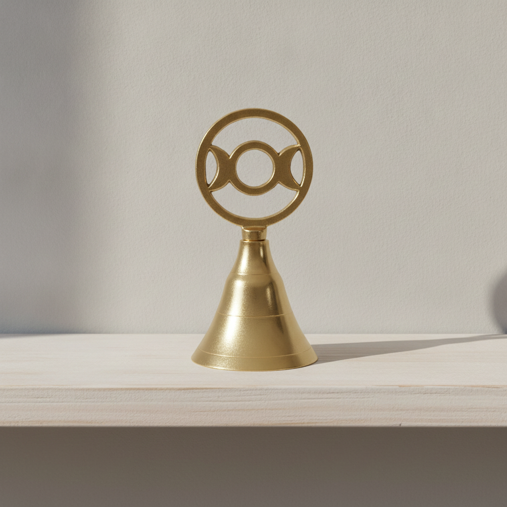 Triple moon brass altar bell on a painted wooden shelf