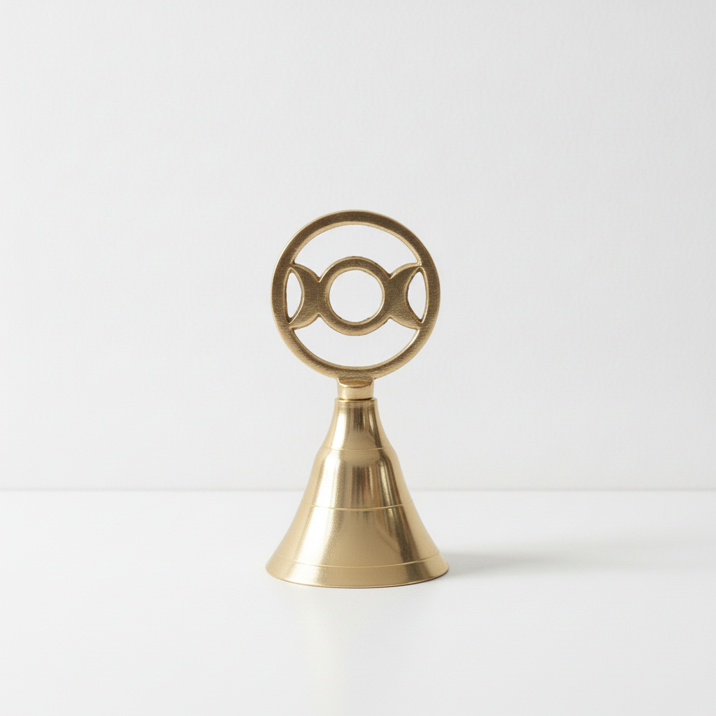 Triple moon brass altar bell on a plain white surface