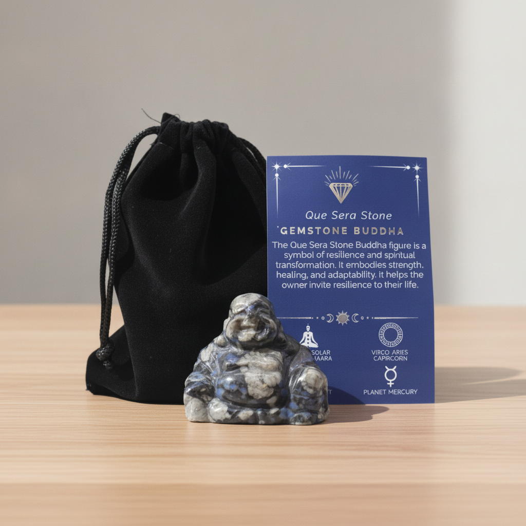Que Sera stone Buddha with pouch and card on oak