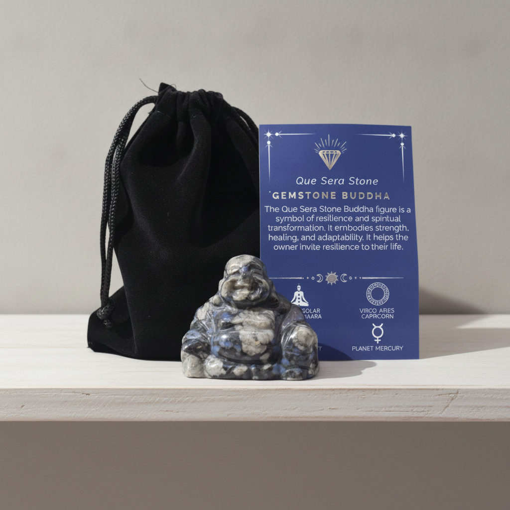 Que Sera stone Buddha with pouch and card on a shelf