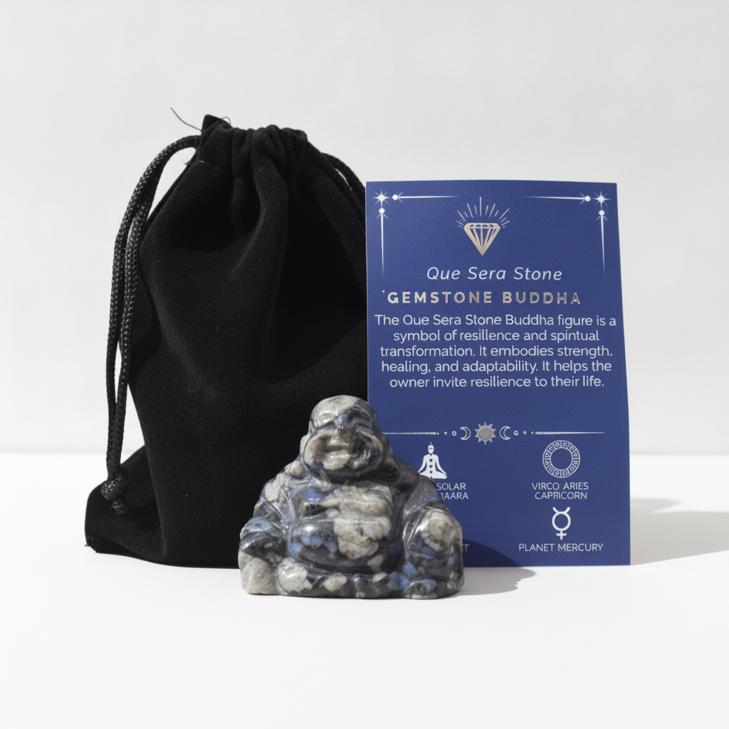 Que Sera stone Buddha with pouch and card on white