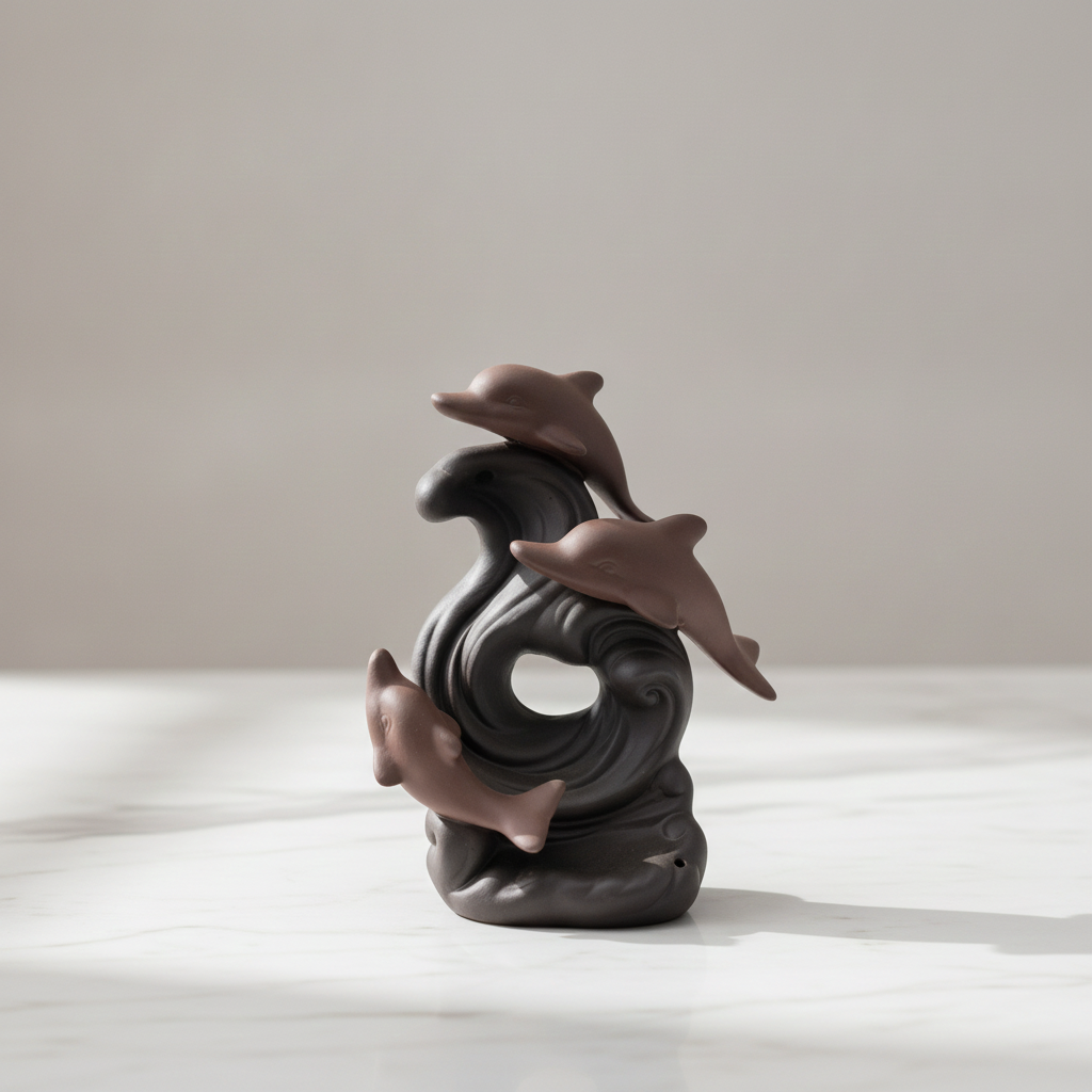 Dolphin wave backflow incense burner on a marble worktop