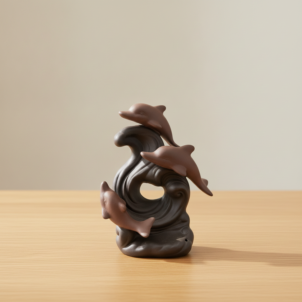 Dolphin wave backflow incense burner on a pale oak table