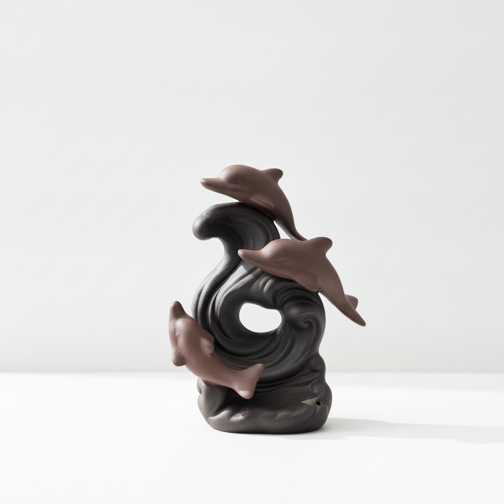 Dolphin wave backflow incense burner on a white surface