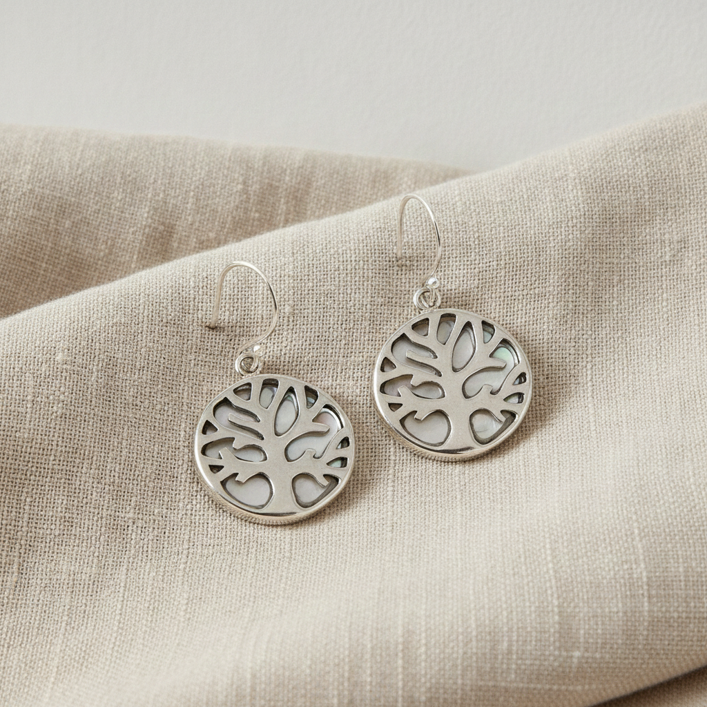 Tree of Life silver drop earrings with mother of pearl, on natural linen