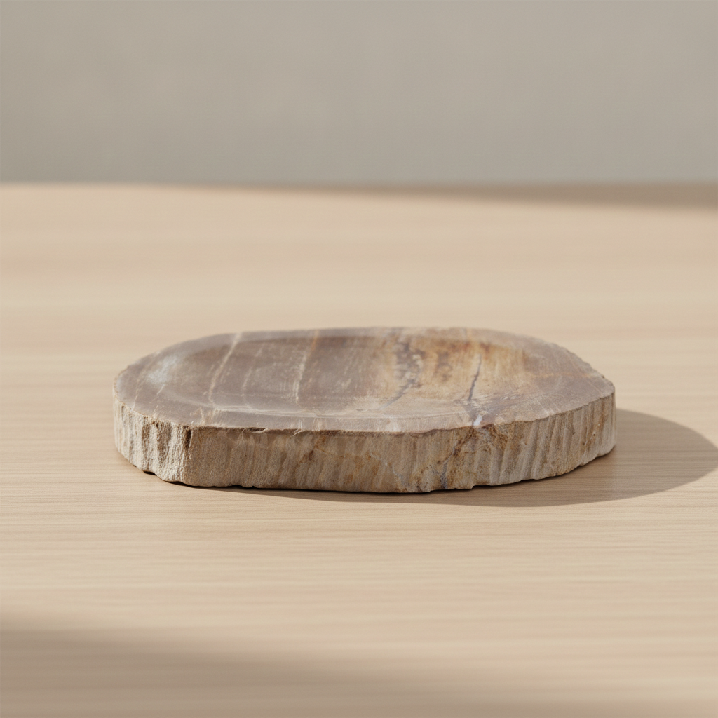 Petrified wood stone soap dish on a pale oak table