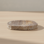Petrified wood stone soap dish on a pale oak table