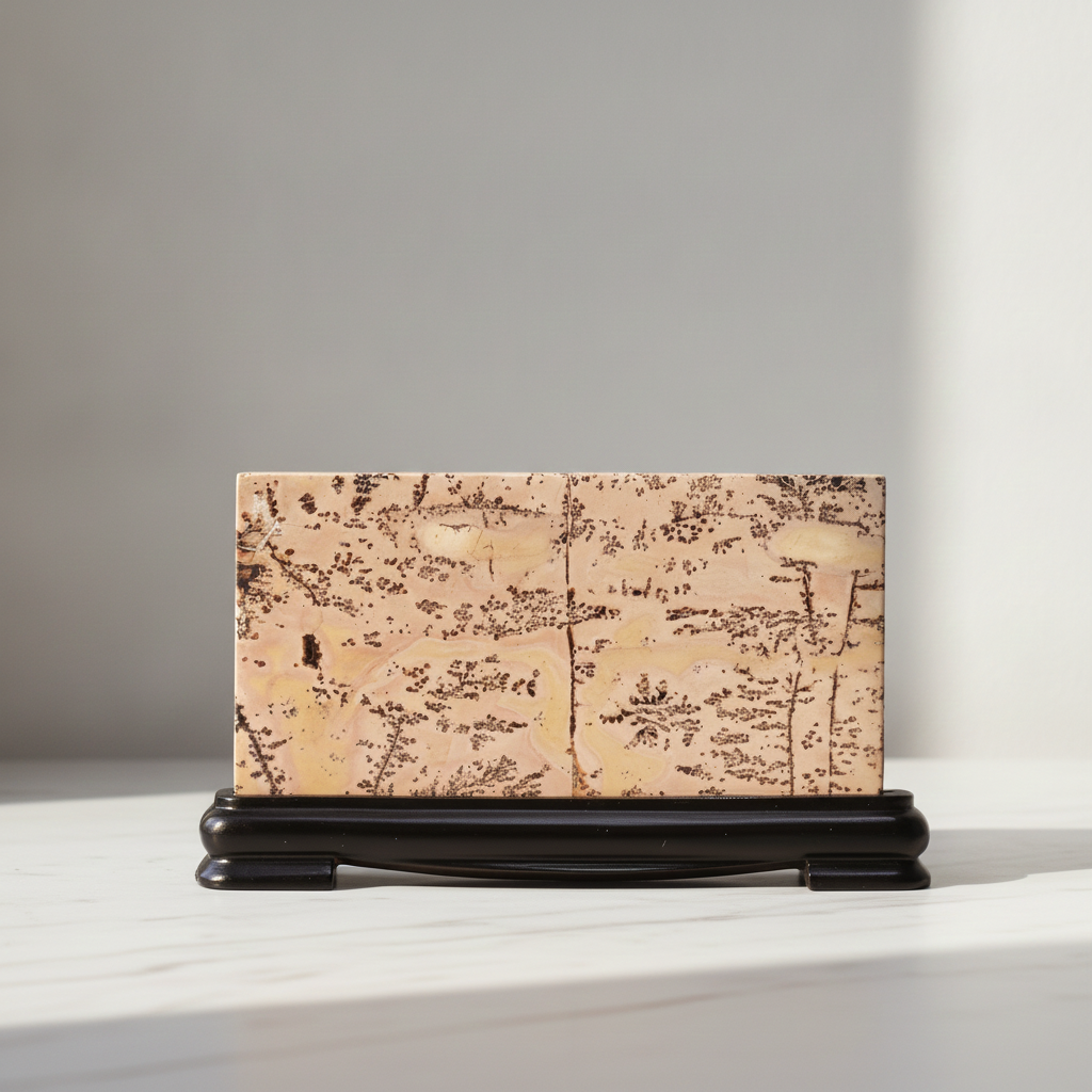 Guohua picture stone landscape on its stand, marble worktop