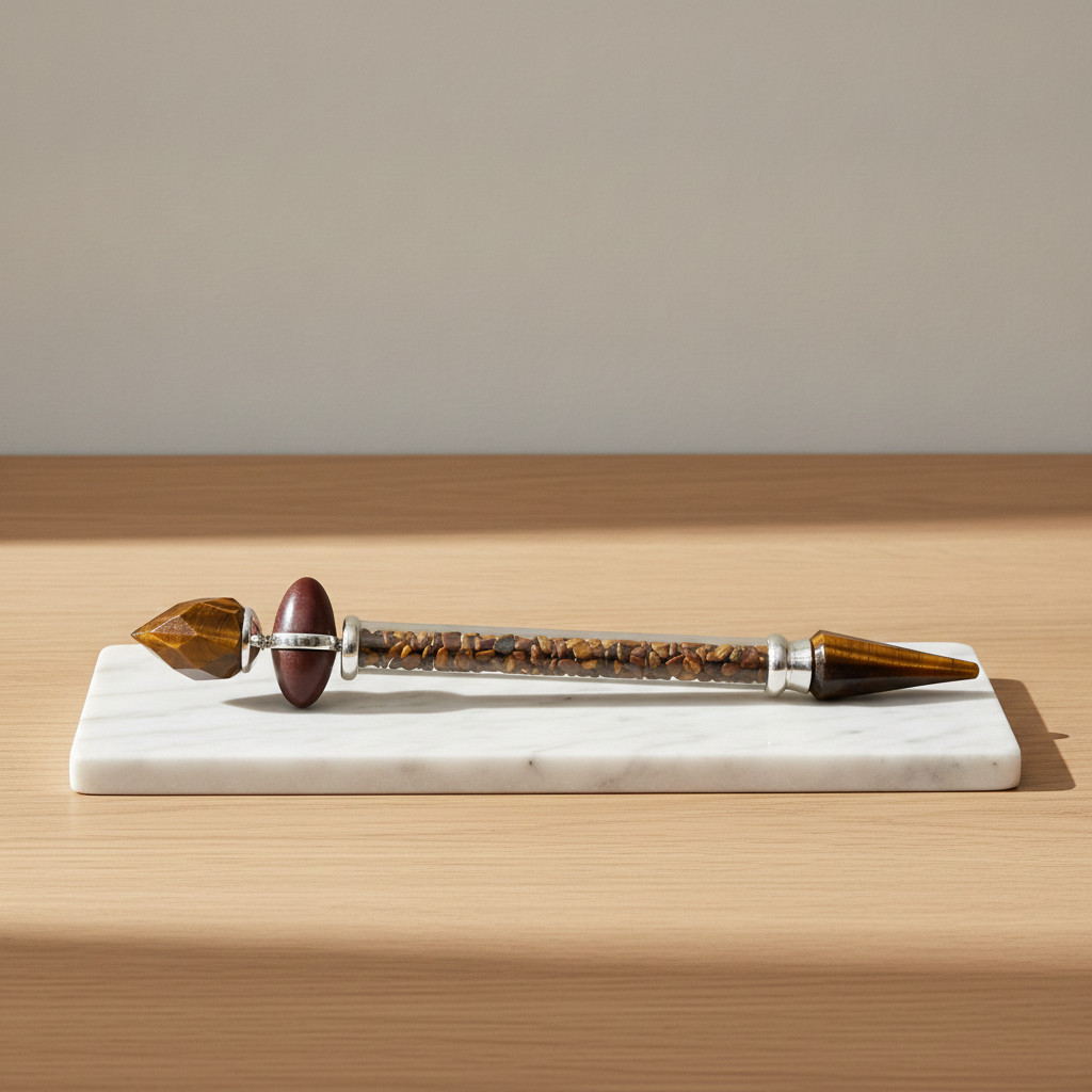 Tiger eye shiva lingam crystal wand on a marble board, oak table