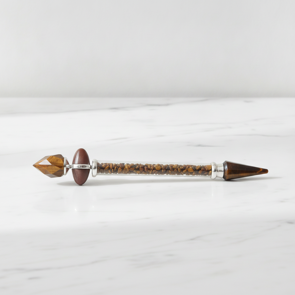 Tiger eye shiva lingam crystal wand lying on a white surface