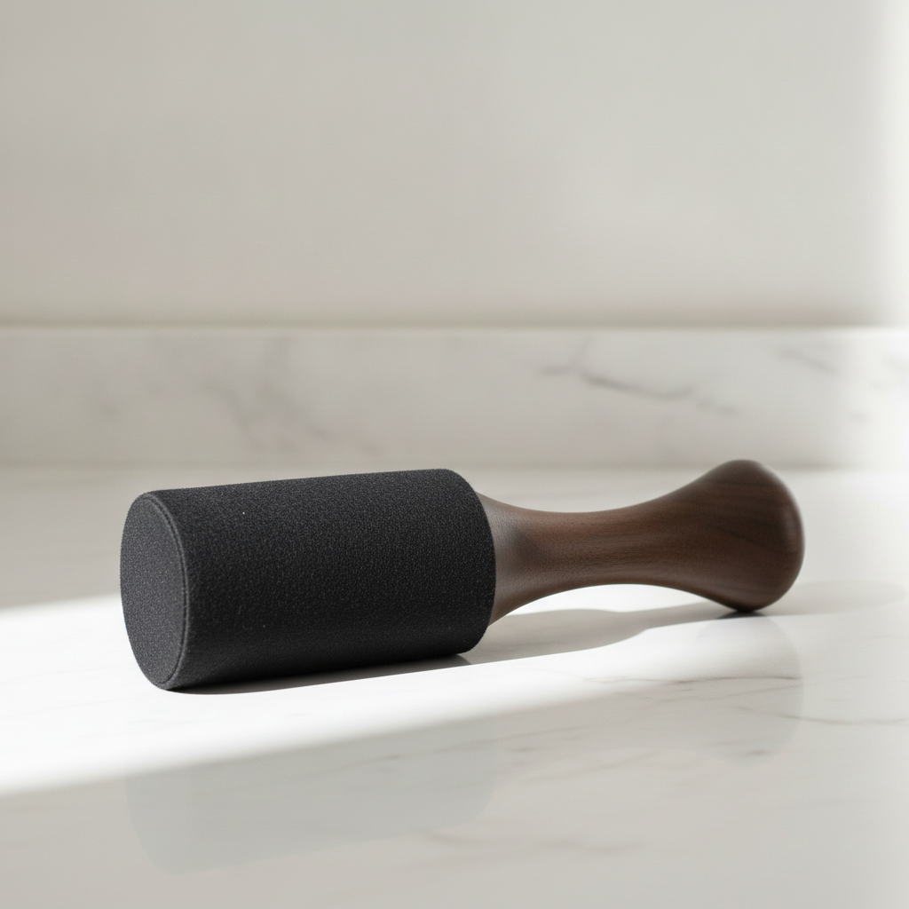 Large wooden king stick gong and singing bowl mallet on marble